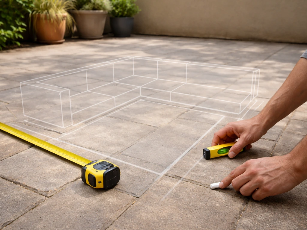Measuring tape and level beside chalk markings on a patio floor with an unseen layout map overlay