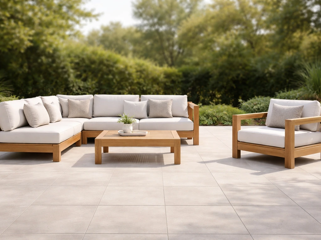 Sunlit patio with modular teak sectional and matching outdoor loveseat and armchair arranged neatly side by side.