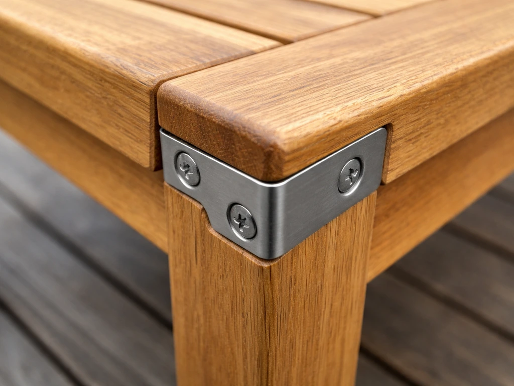 Close-up of teak wood joint with flush stainless hardware, highlighting grain and strong build quality.