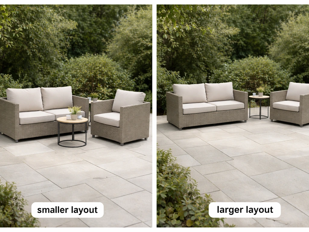 Minimal photo showing two patio seating setups with space between small and large modular arrangements