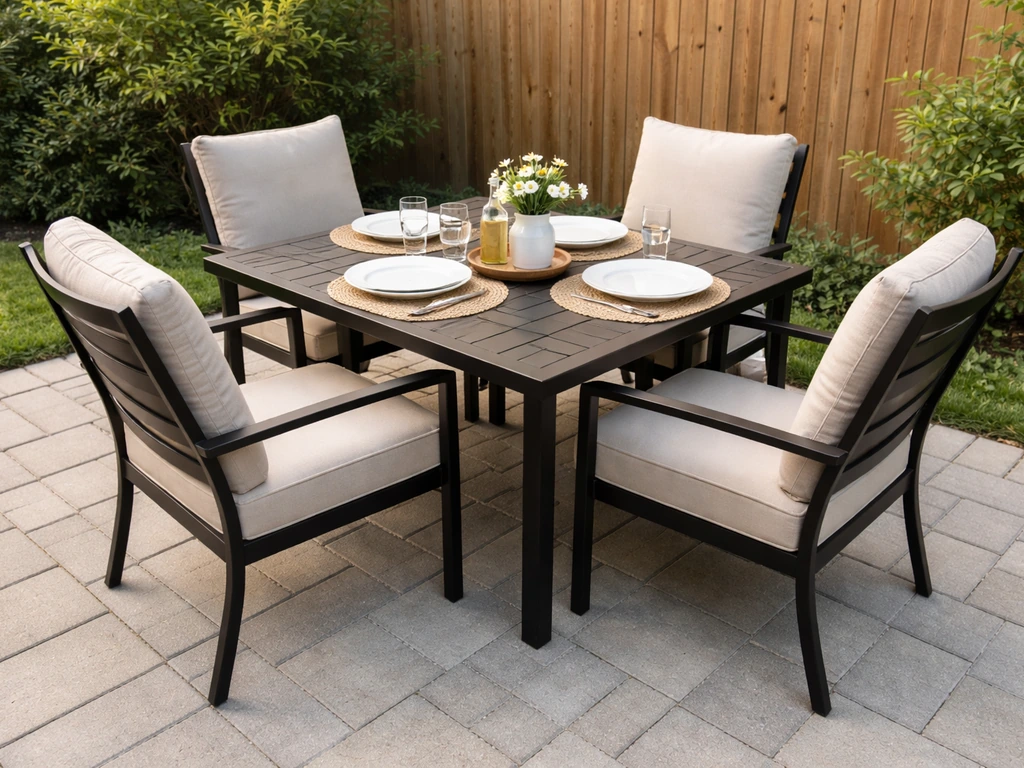 Patio dining set with a table and four chairs neatly arranged for an outdoor meal.
