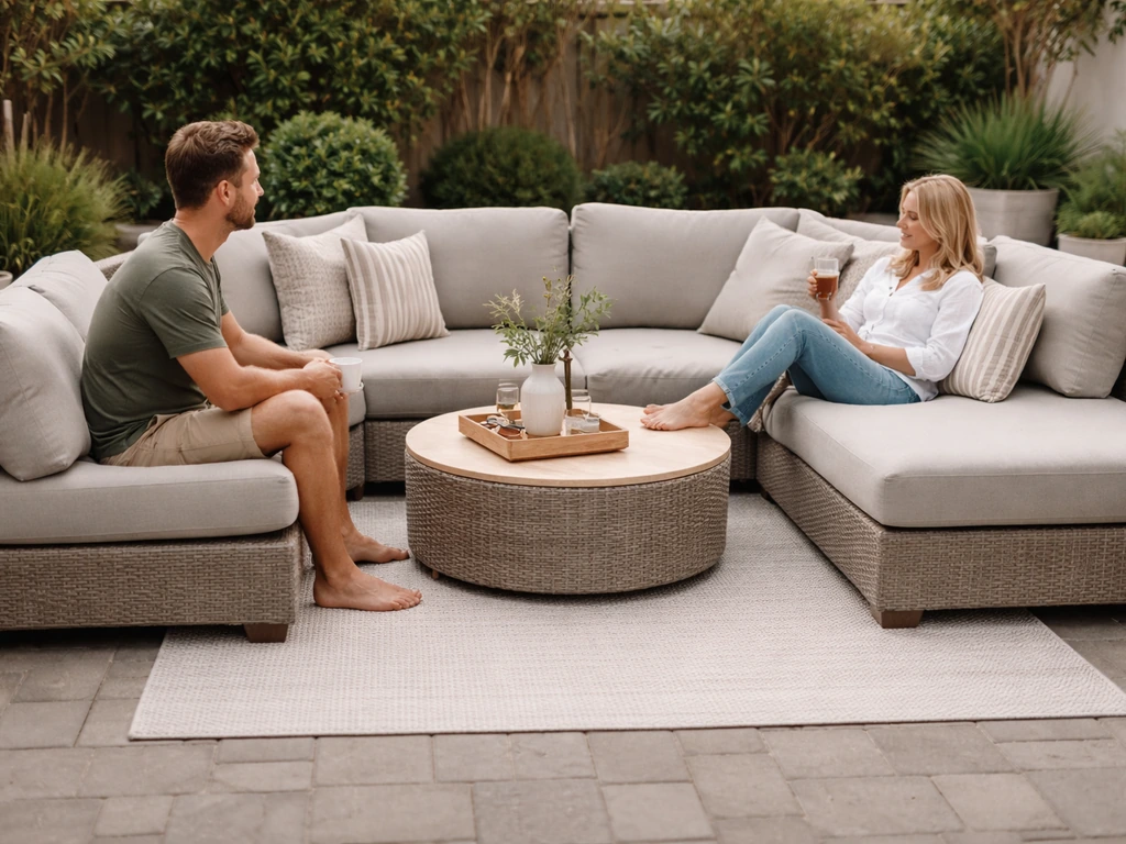 Minimal patio scene with a staged sectional and two people seated around a coffee table