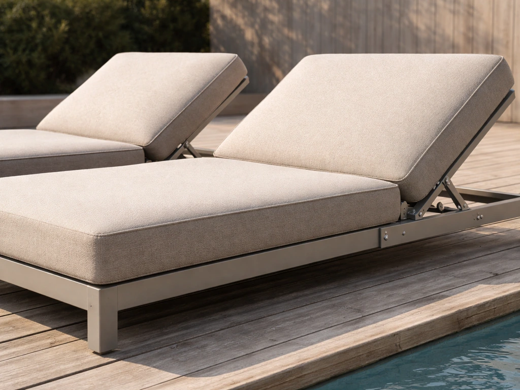 Chaise loungers on a pool deck showing the reclining hinge area and seating width