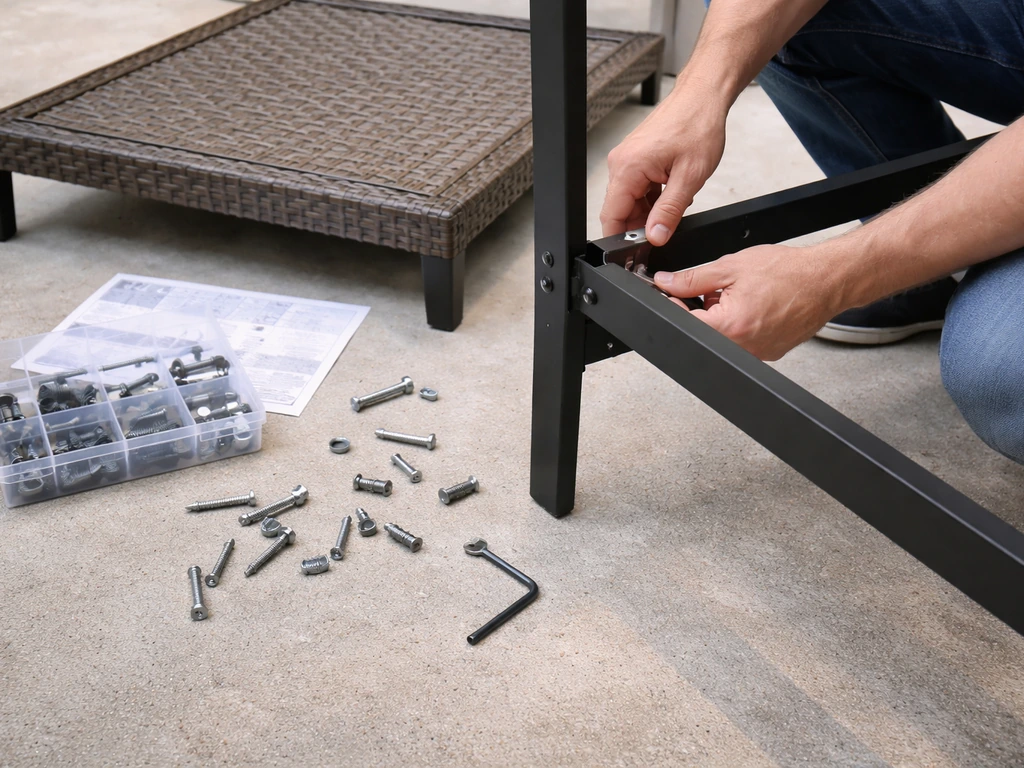 Hands assembling patio dining furniture with bolts and tools on a concrete patio