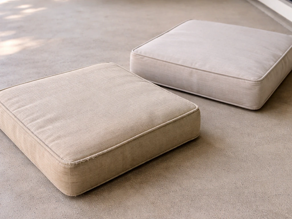 Close-up of a weathered outdoor cushion beside a cleaner one under a protective cover