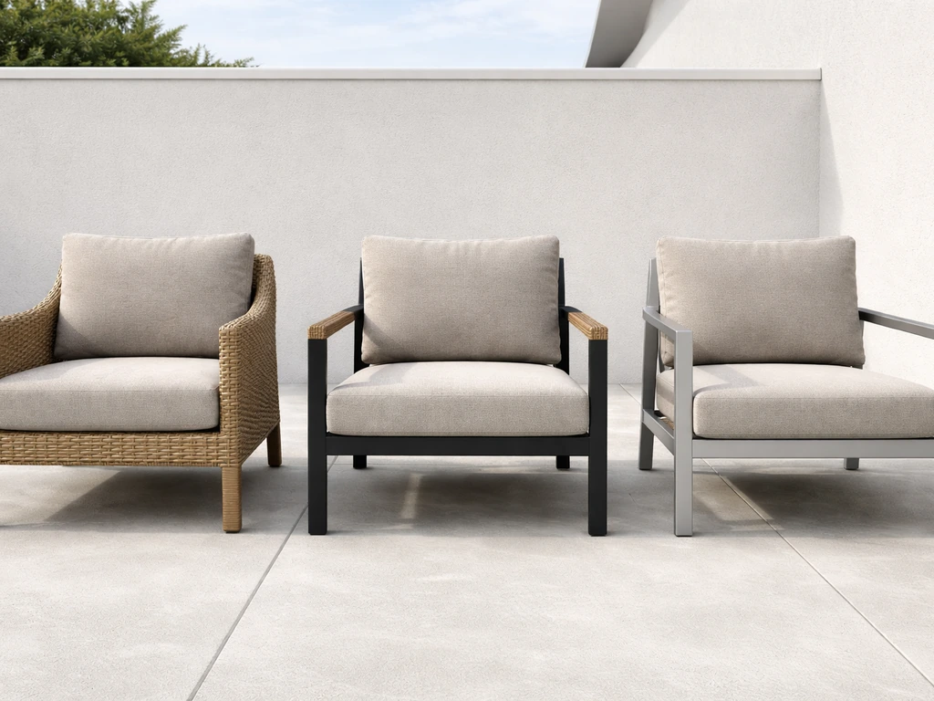 Three patio chairs side-by-side showing wicker-wrapped, steel, and aluminum frames with matching cushions.