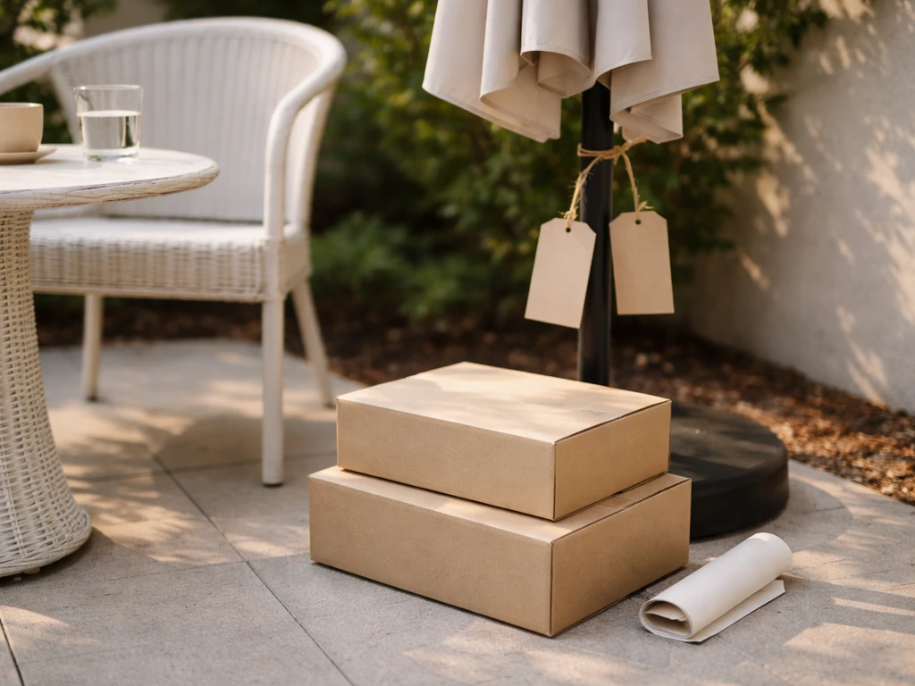 Minimal home patio scene with a small umbrella and a price-tag-like string, suggesting value and warranties