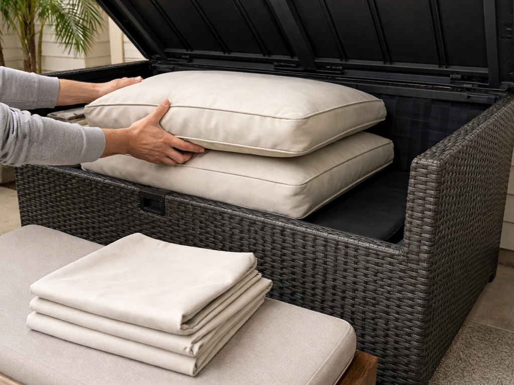 Outdoor lounge cushions being stored in a closed deck box to keep them dry and mildew-free.