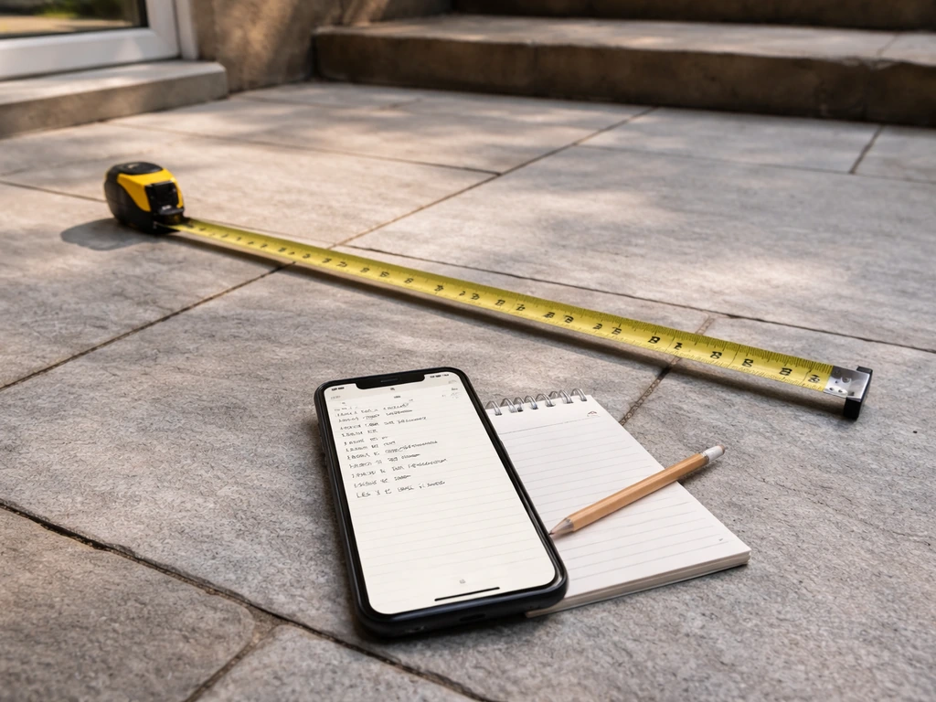 Measuring tape laid on a patio with a phone displaying dimension numbers and clearance notes