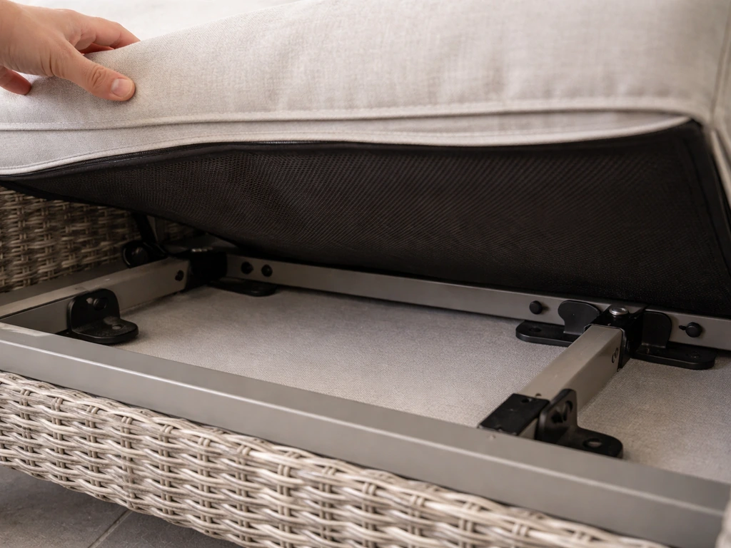 Underside of a lounge cushion showing a powder-coated aluminum frame and mounting hardware.