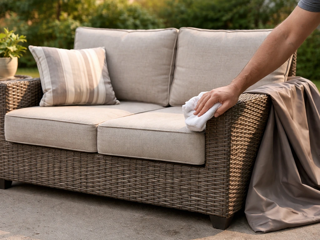 Outdoor wicker patio set with cushions showing mild wear; a person wipes the synthetic surface near cover