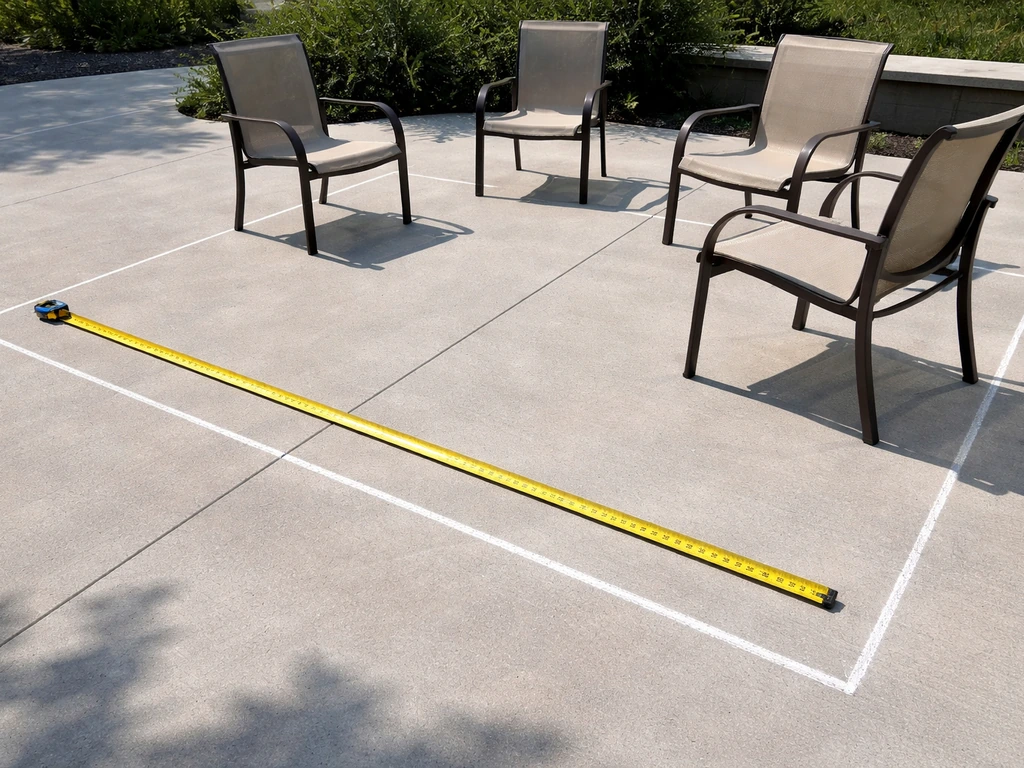 Tape measure and marked patio layout beside a small outdoor dining set footprint