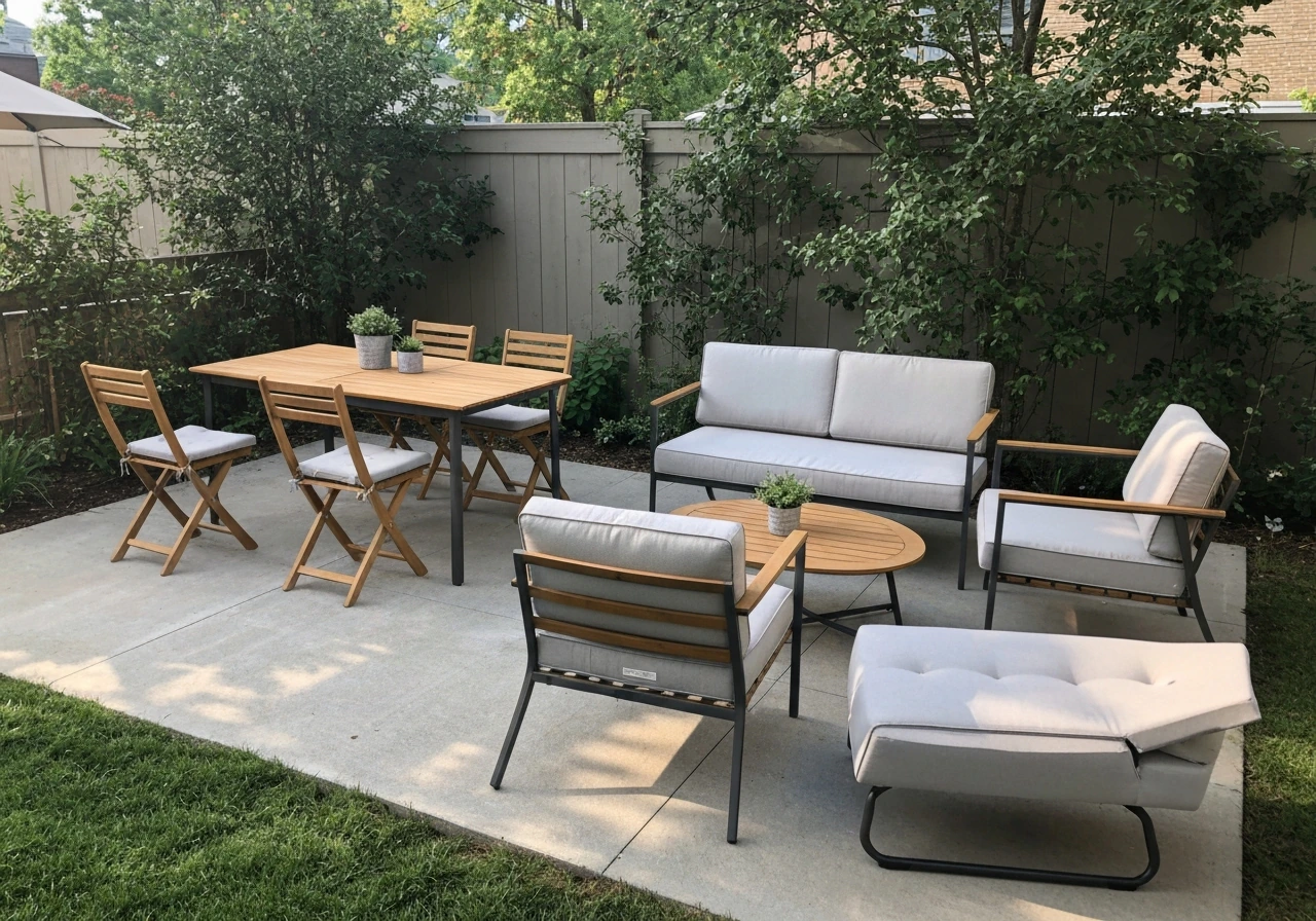 Backyard patio with dining, conversation, and a lounge chair set arranged together, no people.