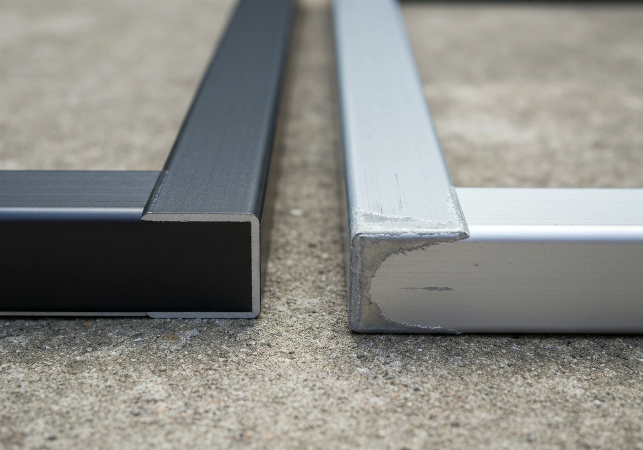 Close-up comparison of a powder-coated outdoor frame joint versus a scuffed worn finish showing exposed metal.