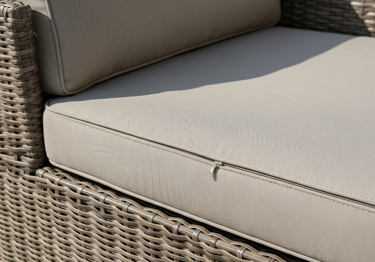 Close-up of thick outdoor wicker seat and back cushions with visible zipper on the cover.