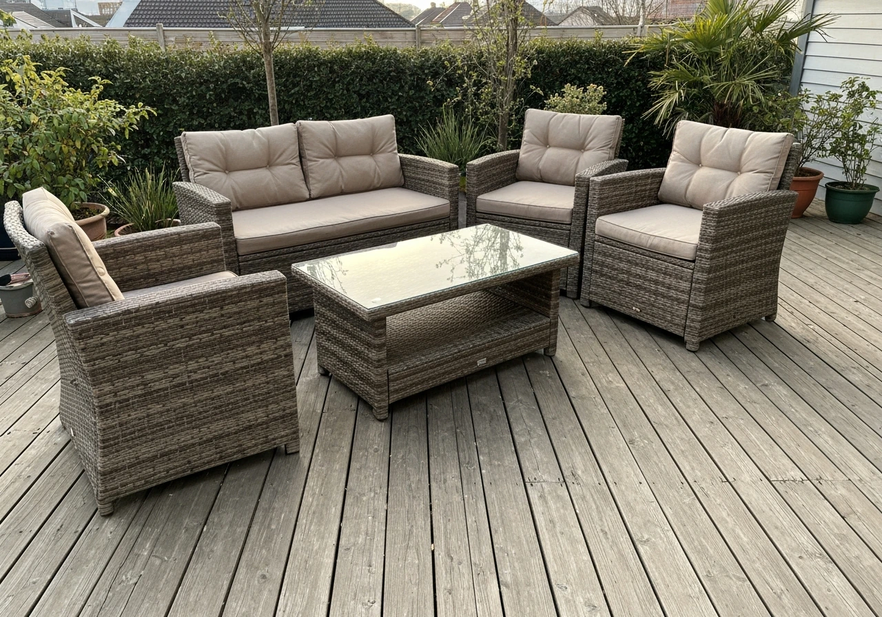 A 4-piece PE rattan conversation set on a wooden deck with a tempered-glass coffee table.