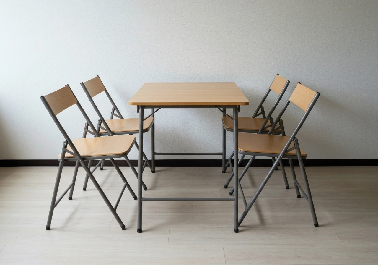 Compact 4-piece dining set with a small table and four neatly folded folding chairs in a simple room.