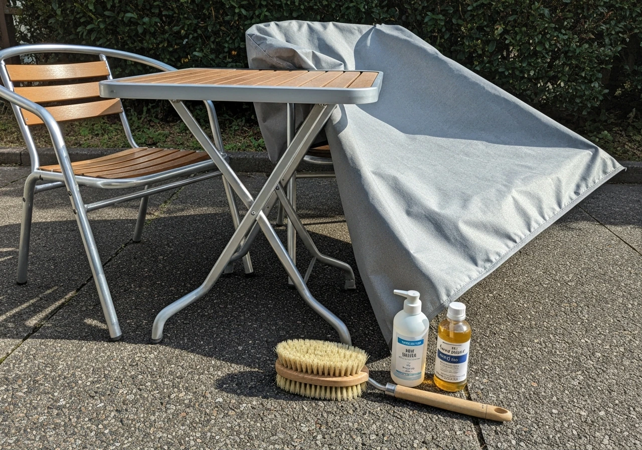 Patio furniture covered with protective cover, with outdoor brush and mild cleaner kit nearby