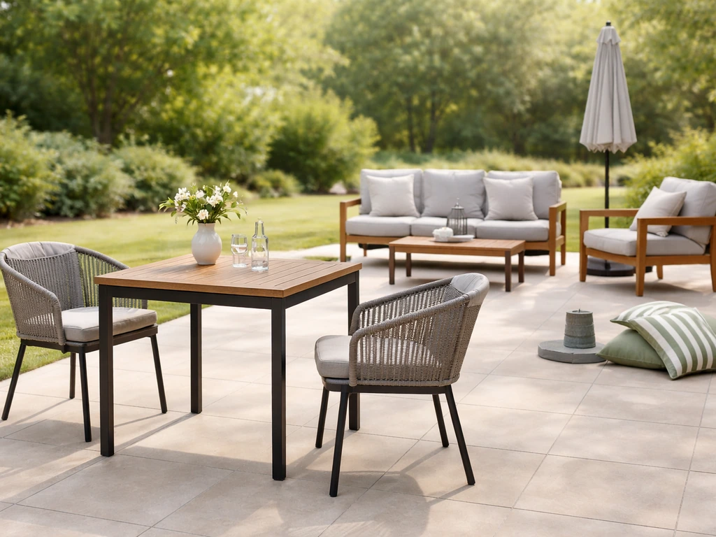 Minimal photo of patio furniture categories on display: outdoor dining table, conversation set, and matching outdoor pie