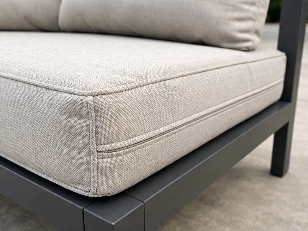 Close-up of a deep-seating outdoor cushion with visible seams and a powder-coated aluminum frame joint
