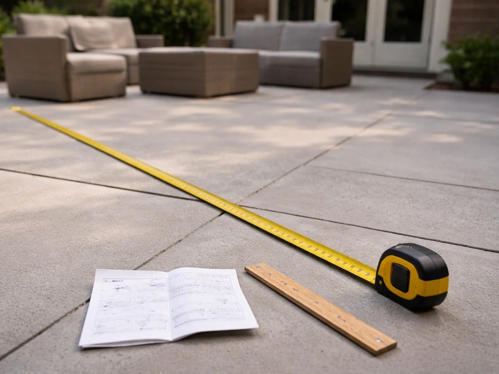 Measuring tape laid across a patio area with furniture placement showing walkway clearances.
