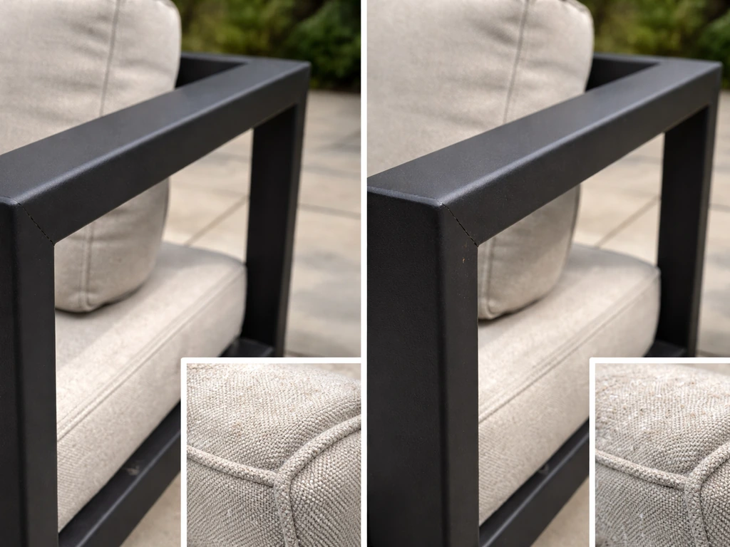 Outdoor chair frame and cushions: intact powder-coated steel beside a joint showing early wear risk, close-up.