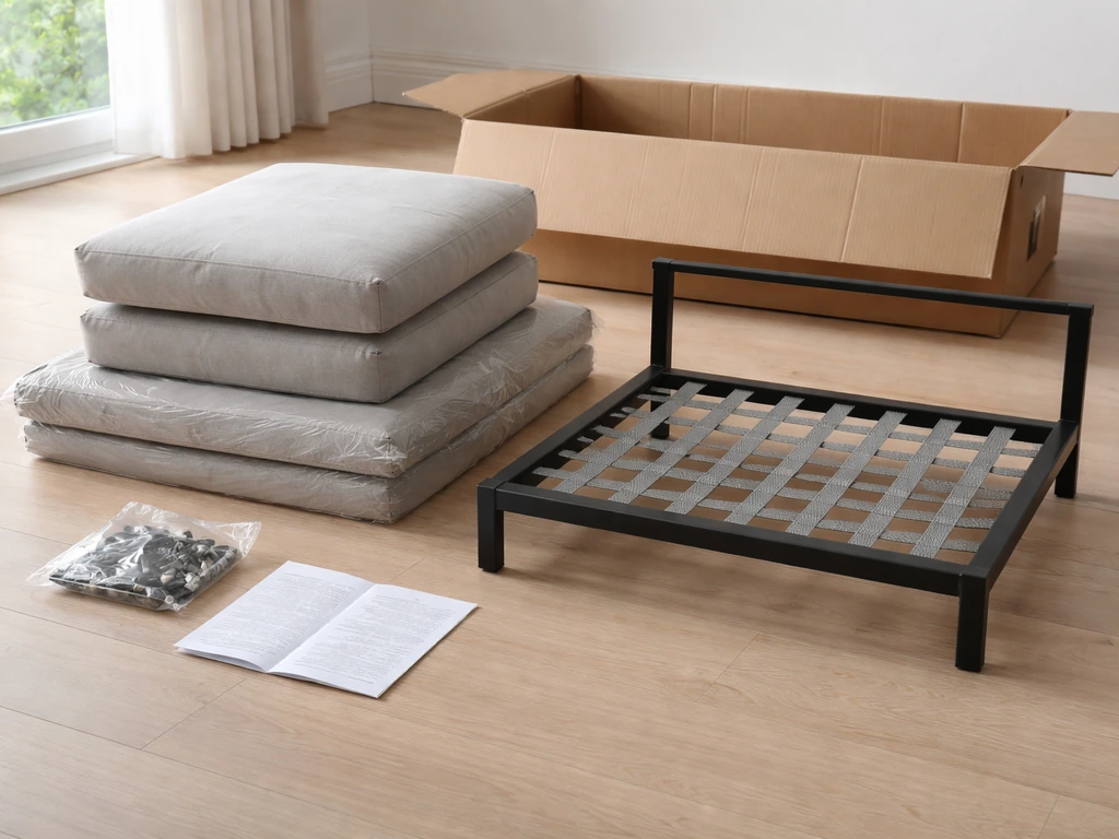 Open box contents neatly arranged: seat frame parts, cushions, hardware bag, and blank assembly manual.