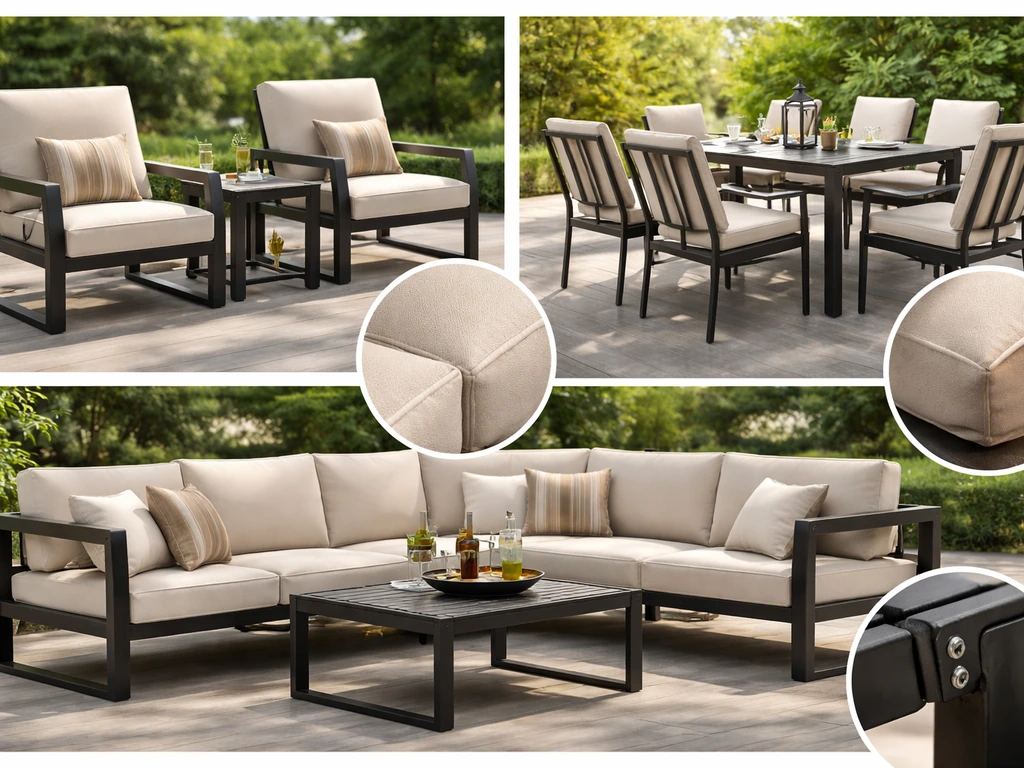 Minimal collage of outdoor patio furniture sets with comfort, design, and value shown through visuals.