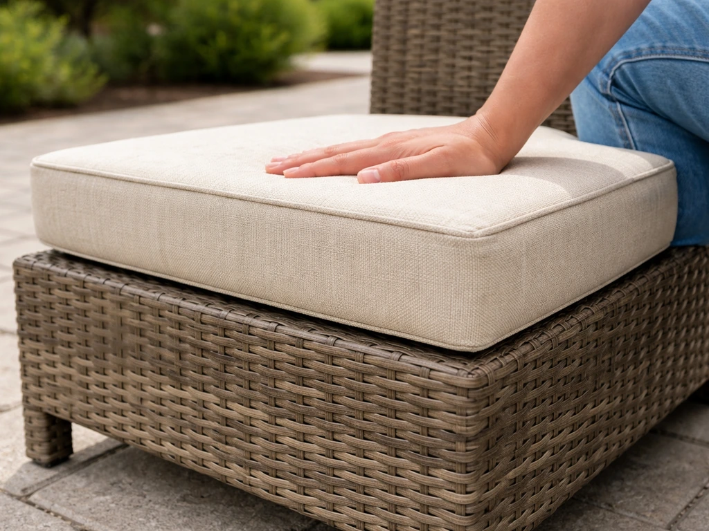 Side view of an outdoor rattan chair cushion, showing its 2-inch thickness and soft compression on a patio.