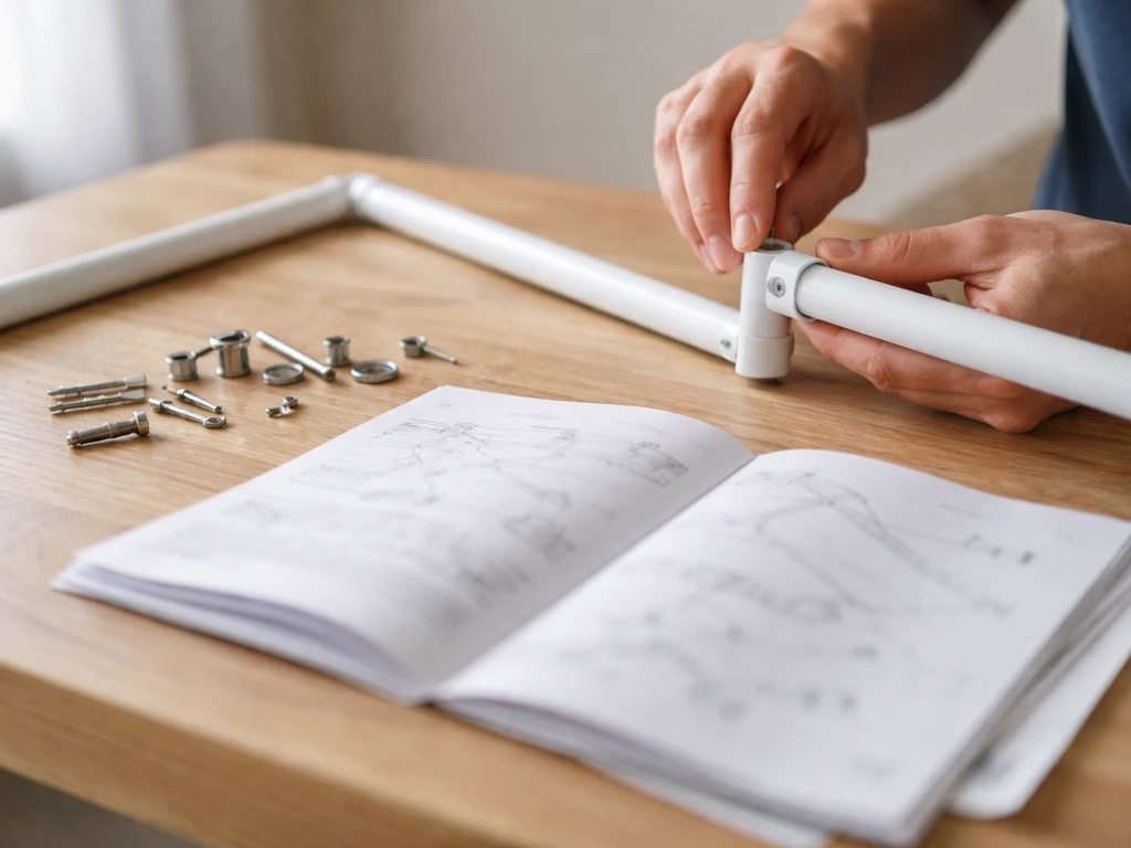 Hands assembling a frame with scattered hardware and an open manual on a table