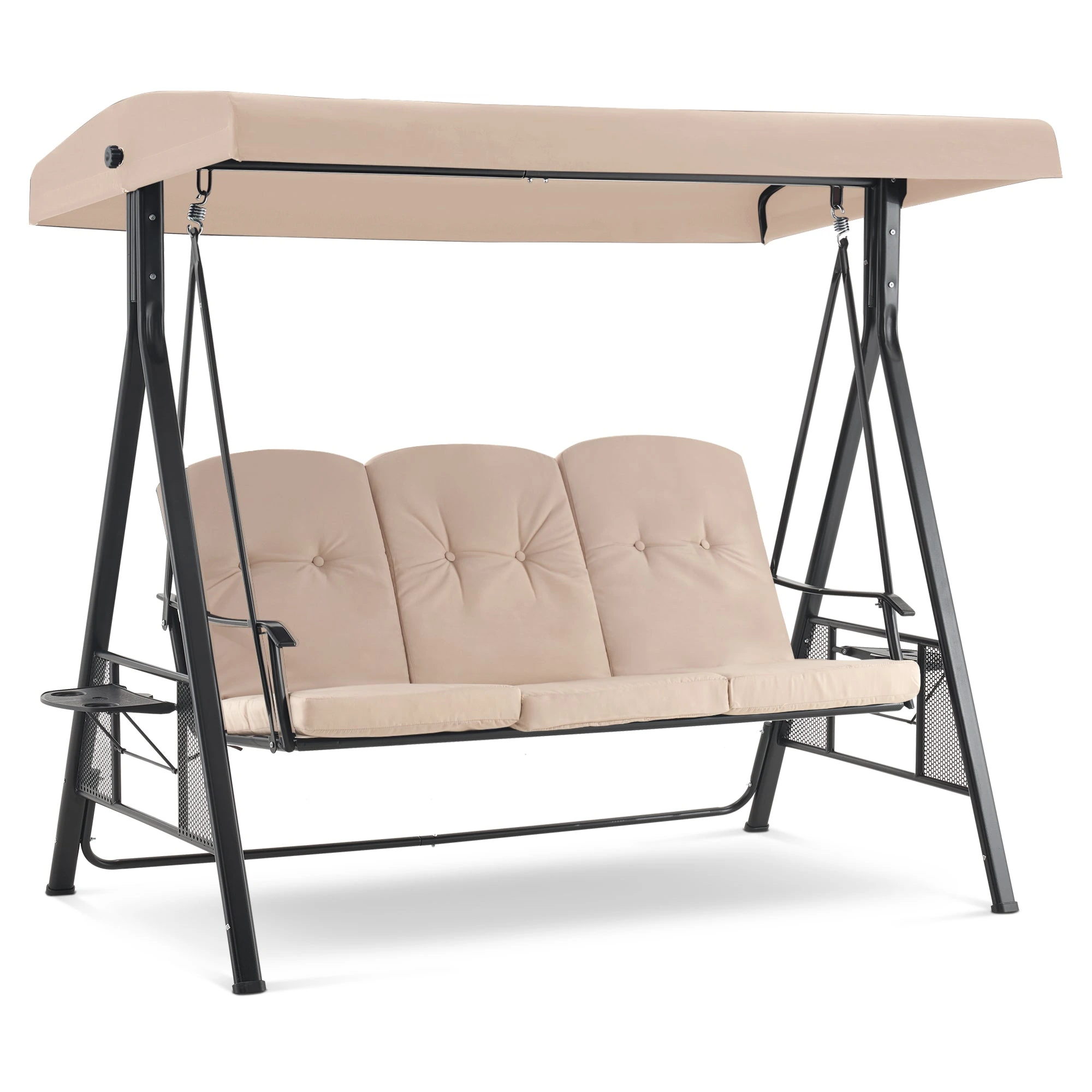 MCombo three-seat patio swing with canopy and stand on a white background