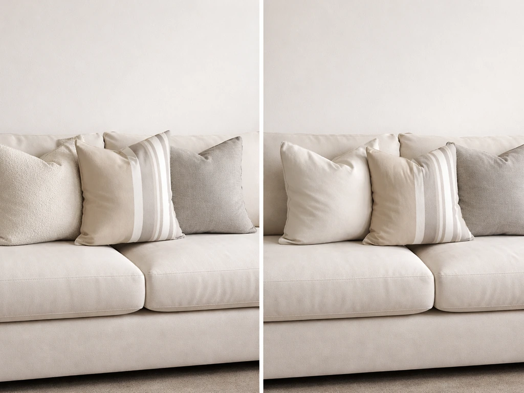 Side-by-side studio and real-looking couch cushions showing noticeable compression differences