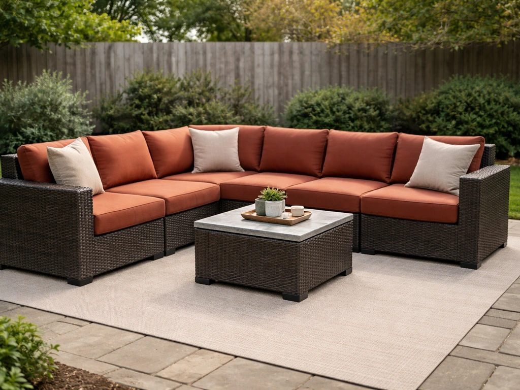 9-piece wicker sectional modular pieces arranged on a mid-size patio for lounging.