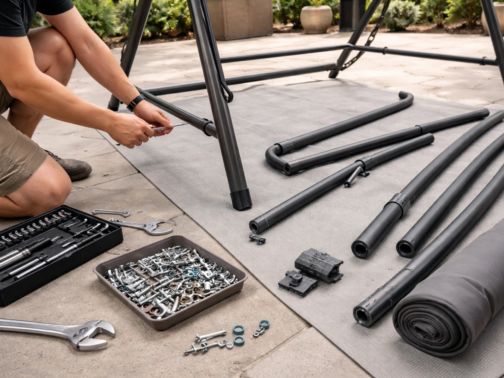 Partially assembled swing chair frame with bolts and tools laid out on a patio floor