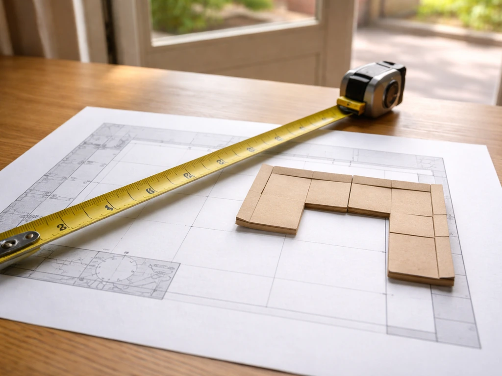 Measuring tape laid over a patio plan showing space fit for a sectional configuration.