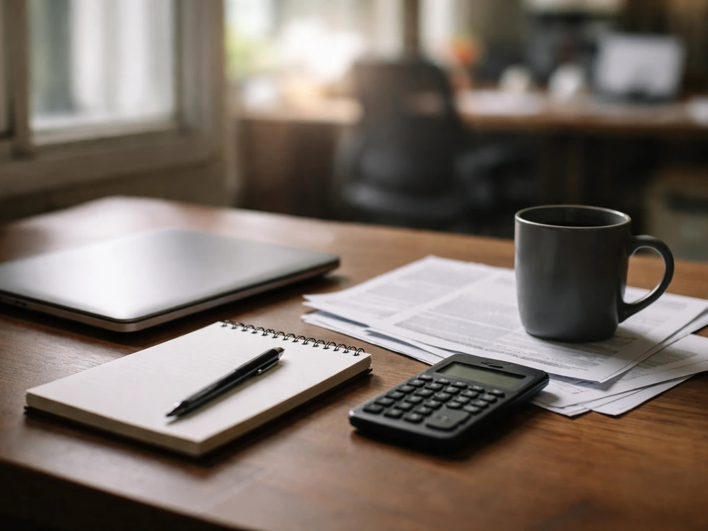 Minimal photo of an anonymous journalist work desk with laptop, documents, and a calculator symbolizing investigative wo