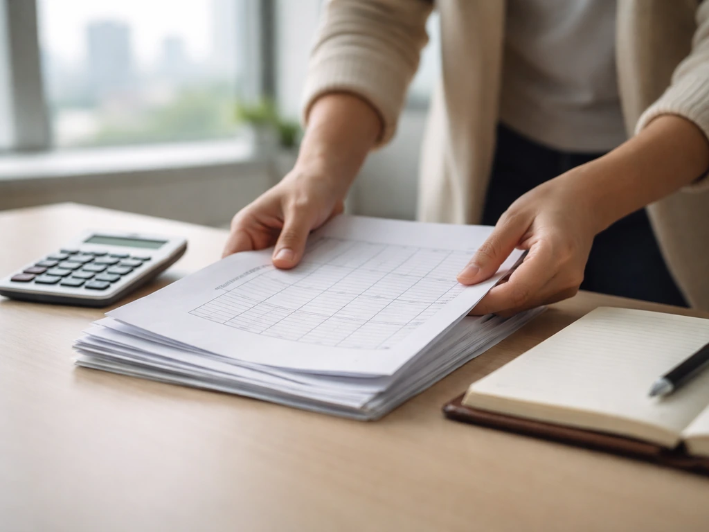 Hands reviewing documents and a calculator on a desk, symbolizing career earnings and asset estimation.