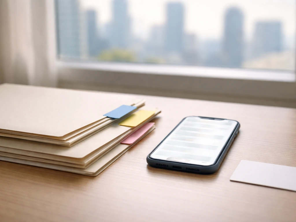 Minimal desk with folders and a blurred phone screen suggesting verifying the right person for finances.