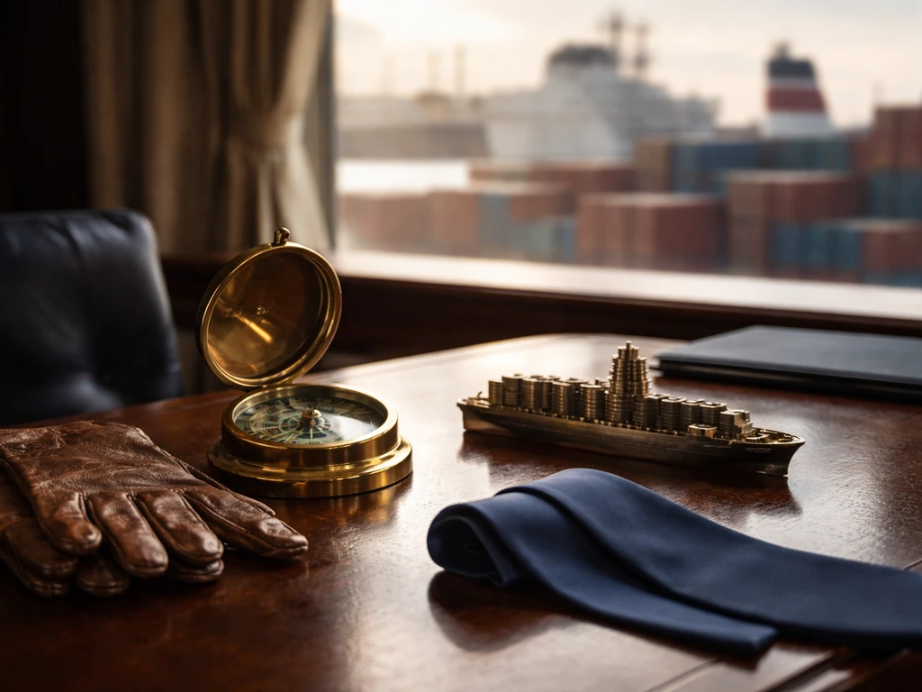 Luxury desk with a brass compass and small cargo ship model, blurred harbor behind, implying shipping wealth.