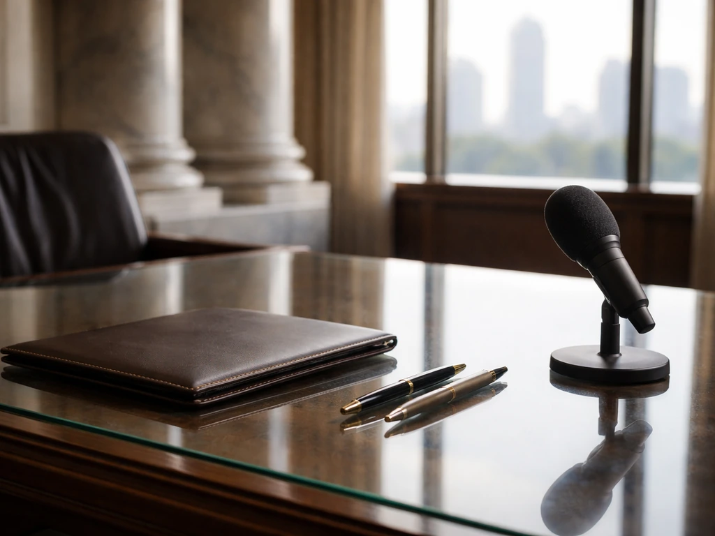 Elegant empty office desk with leather portfolio and microphone, suggesting discreet foundation stewardship