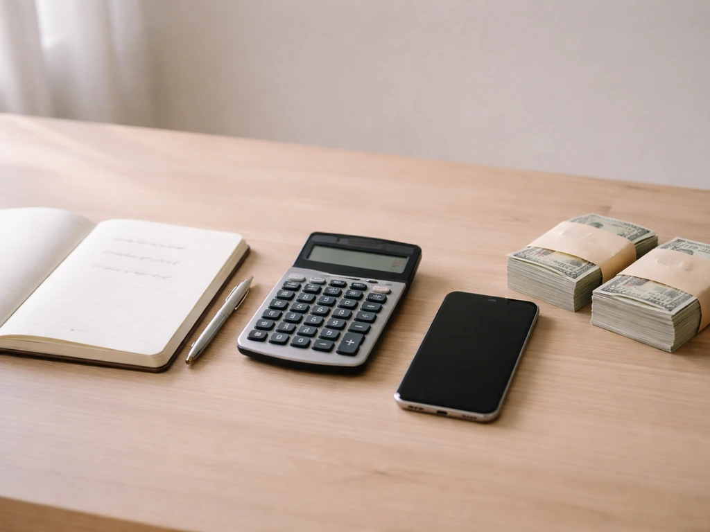 Minimal finance desk scene with calculator and notebook, implying a three-part money comparison without text.