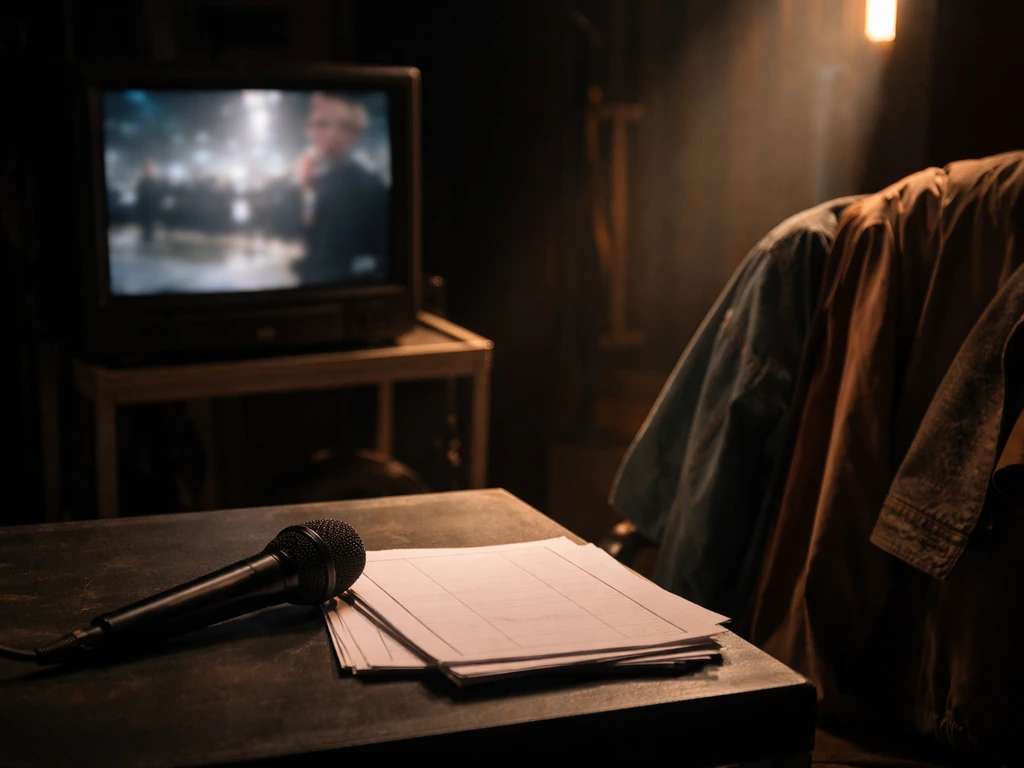 Minimal studio scene symbolizing acting income, with a TV set and production equipment in soft light.