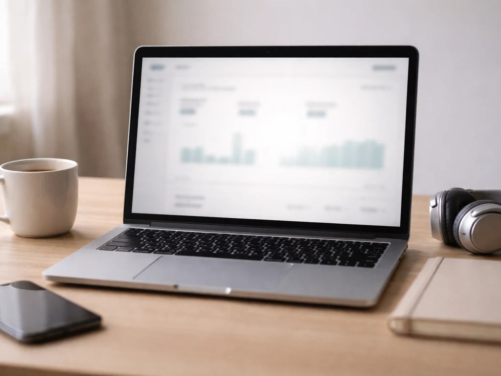 Minimal desk scene with laptop showing blurred social media analytics for an anonymous creator.