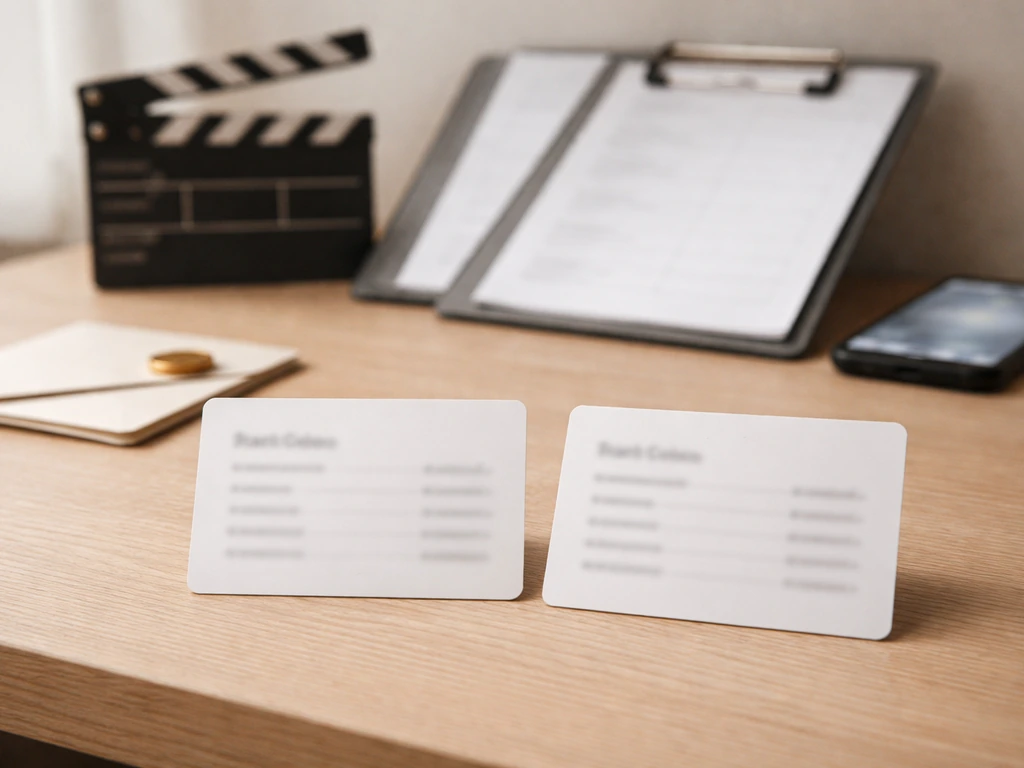 Minimal desk scene with two empty role-credit tiles, a clapboard silhouette, and subtle money symbolism.