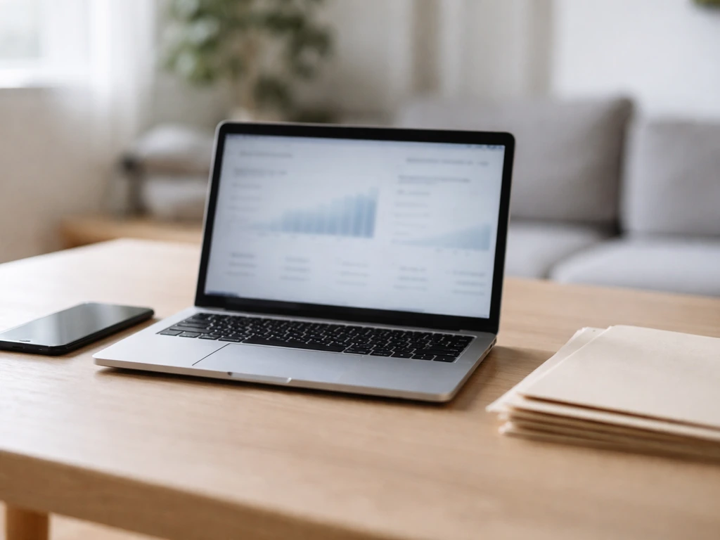 Minimal desk scene with laptop and smartphone showing blurred, unreadable finance-related cards.
