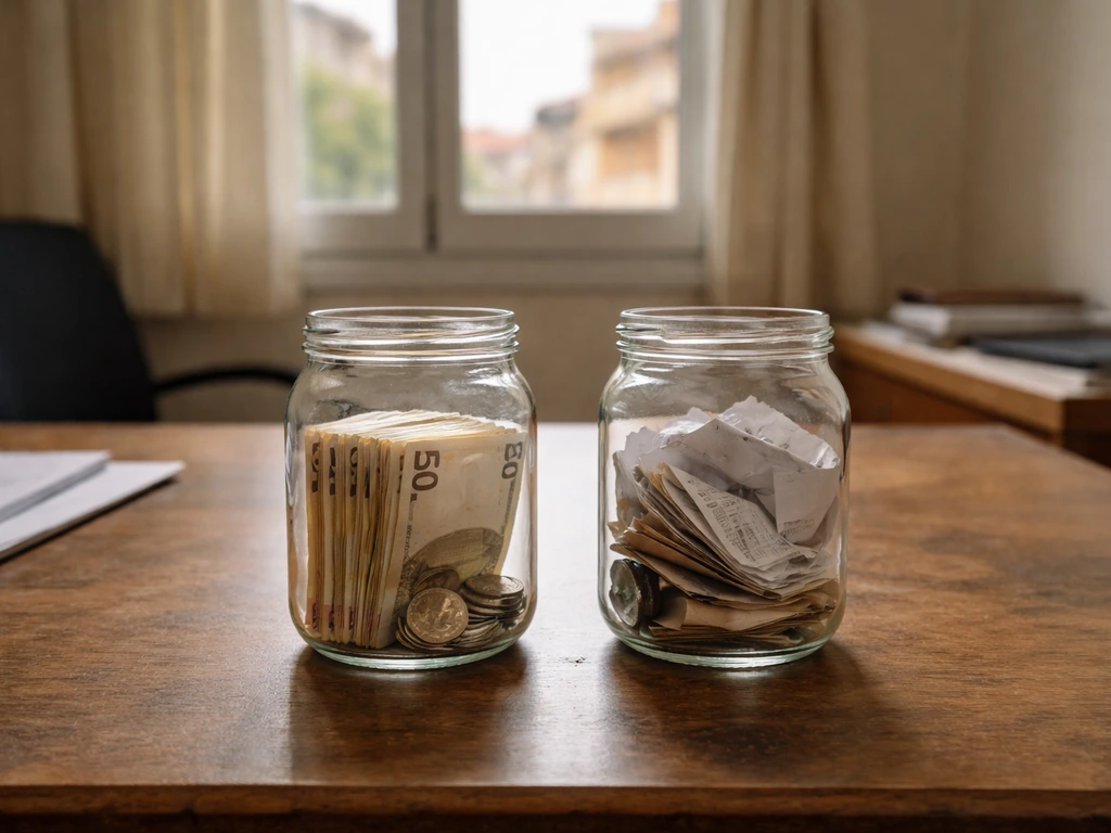 Greek office desk with two jars symbolizing assets and liabilities—euro notes vs envelopes.