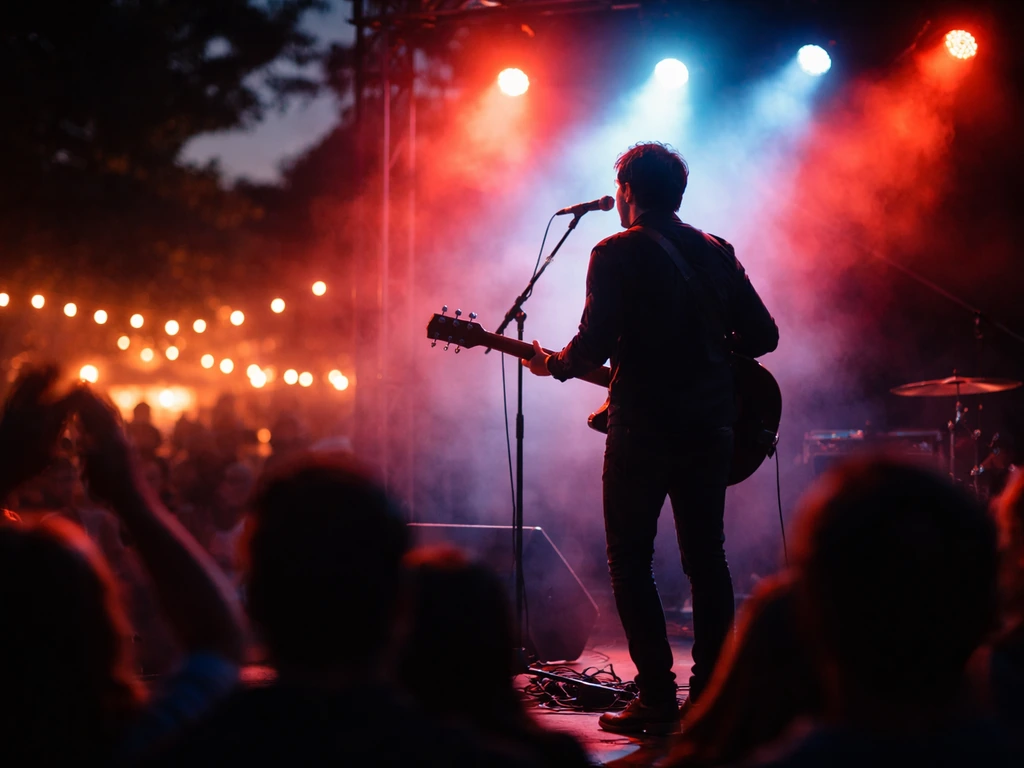 Unidentifiable musician performing under colorful stage lights at an outdoor festival with a softly blurred audience.