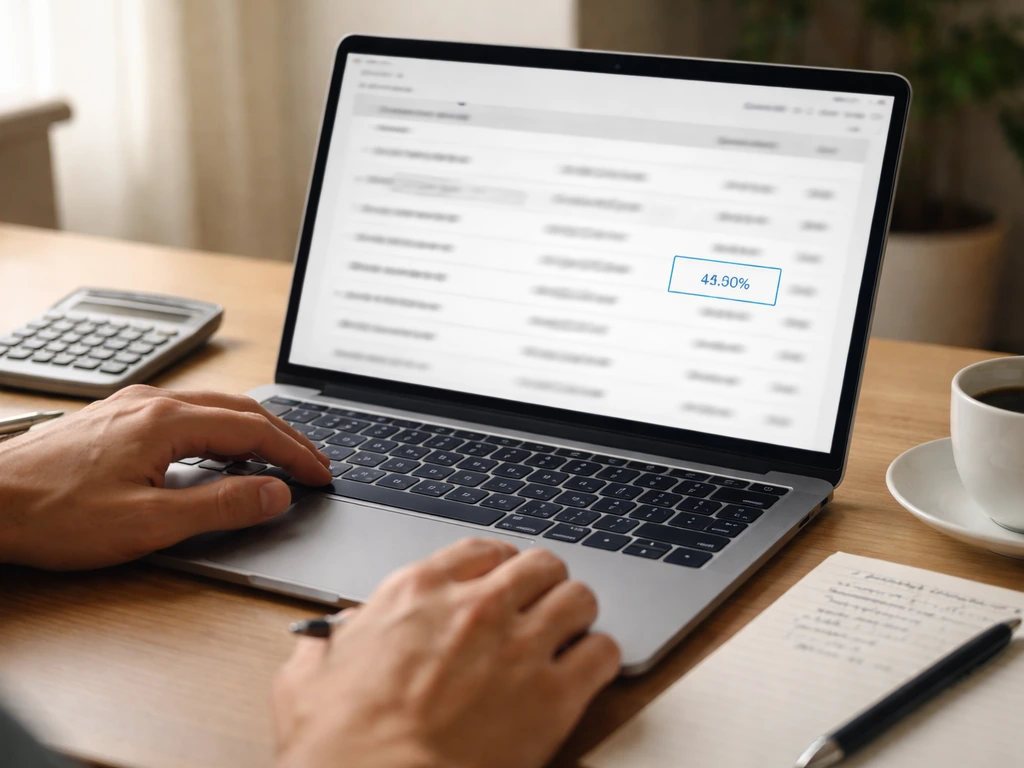 Hands review a blurred corporate registry on a laptop, highlighting a numeric amount during estimate cross-checking.