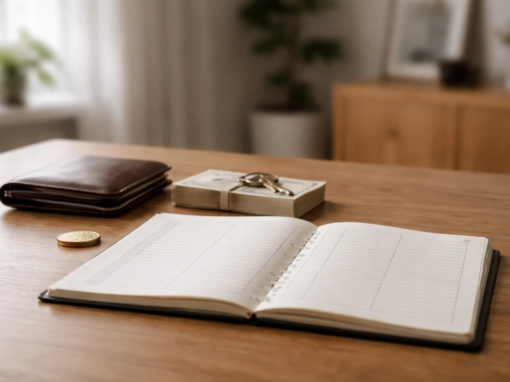 Minimal photo of a closed ledger and a wallet on a tidy desk beside a single coin, symbolizing assets vs liabilities.