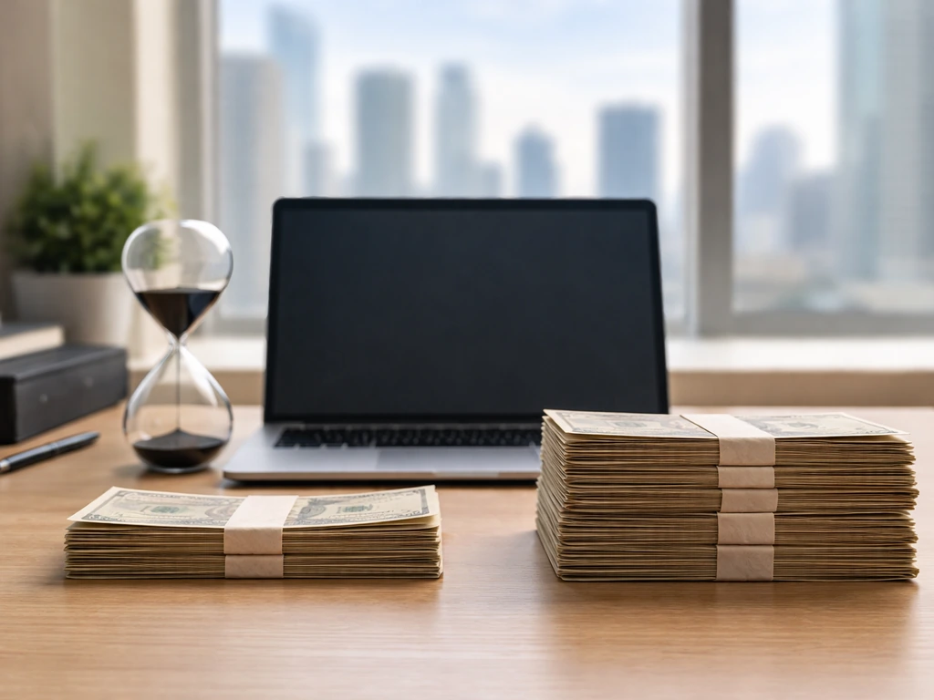 Desk scene with hourglass and thin-to-thick cash envelopes suggesting wealth growth over time.
